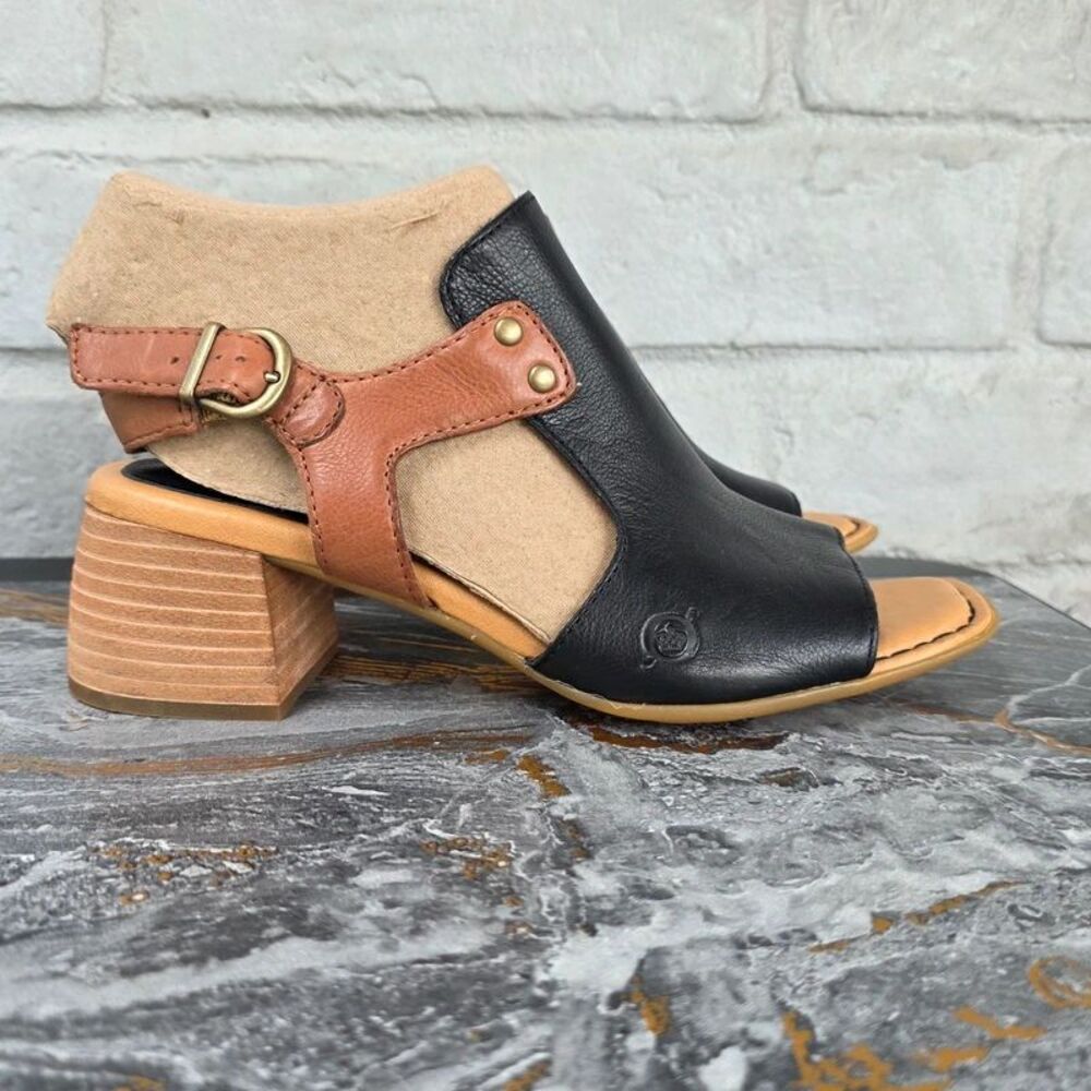 Børn Sylvie Black Brown Leather Slingback Chunky Heel Sandals Women's Size 7